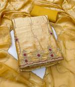 yellow  fancy fendy silk blend unstitched dress material 