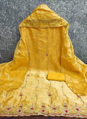 yellow  fancy fendy silk blend unstitched dress material  2