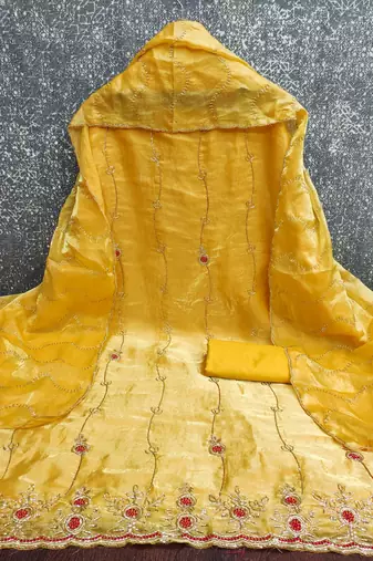 yellow  fancy fendy silk blend unstitched dress material 
