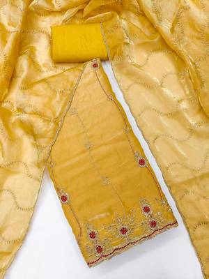 yellow  fancy fendy silk blend unstitched dress material  3