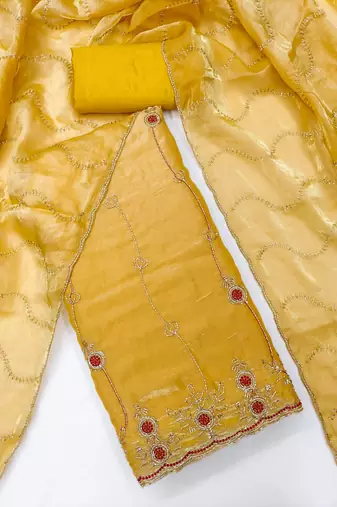yellow  fancy fendy silk blend unstitched dress material 
