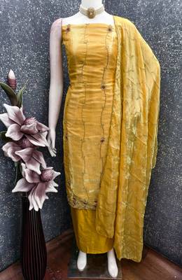yellow  fancy fendy silk blend unstitched dress material  4