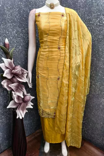 yellow  fancy fendy silk blend unstitched dress material 