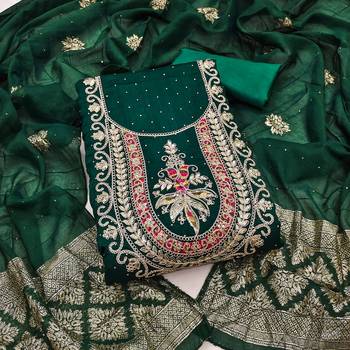 green embroidered vichitra silk unstitched dress material  1