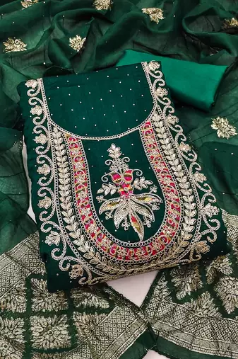 green embroidered vichitra silk unstitched dress material 