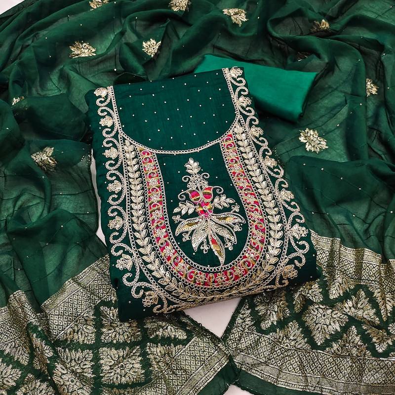 green embroidered vichitra silk unstitched dress material 