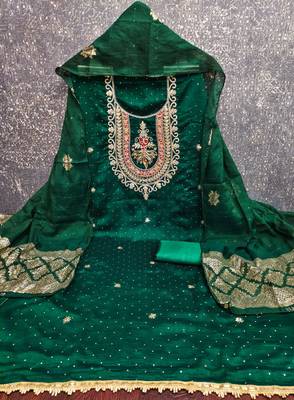 green embroidered vichitra silk unstitched dress material  2