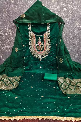 green embroidered vichitra silk unstitched dress material 