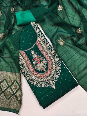 green embroidered vichitra silk unstitched dress material  3