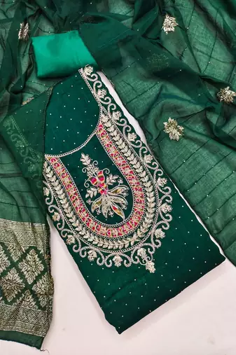 green embroidered vichitra silk unstitched dress material 