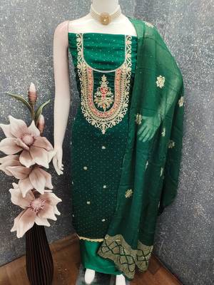 green embroidered vichitra silk unstitched dress material  4