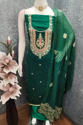 green embroidered vichitra silk unstitched dress material 