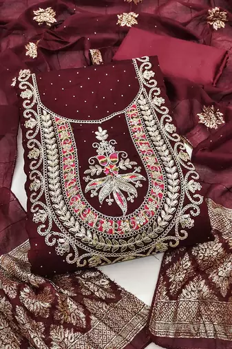 maroon embroidered vichitra silk unstitched dress material 