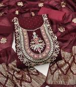 maroon embroidered vichitra silk unstitched dress material 