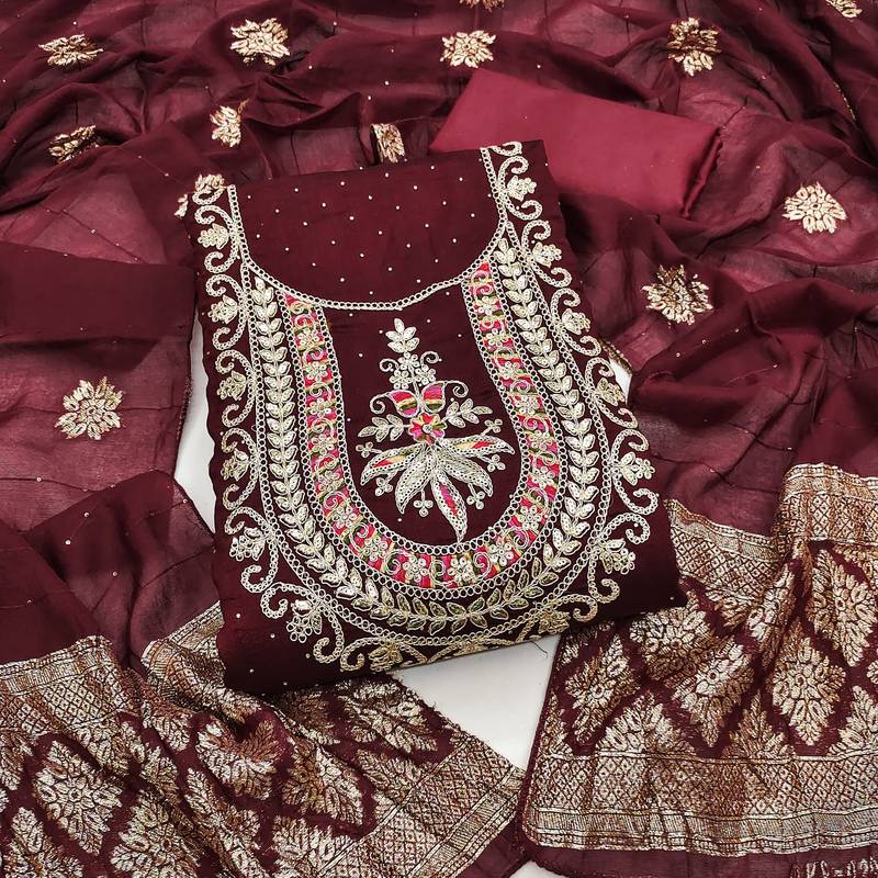 maroon embroidered vichitra silk unstitched dress material 