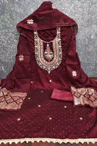 maroon embroidered vichitra silk unstitched dress material 