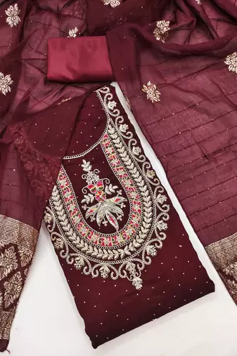 maroon embroidered vichitra silk unstitched dress material 