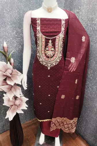 maroon embroidered vichitra silk unstitched dress material 