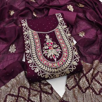 purple embroidered vichitra silk unstitched dress material  1