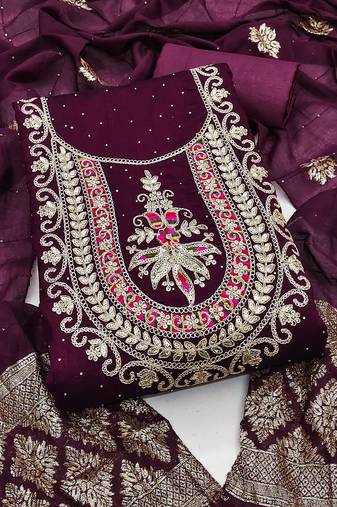 purple embroidered vichitra silk unstitched dress material 