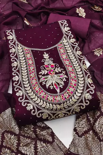 purple embroidered vichitra silk unstitched dress material 