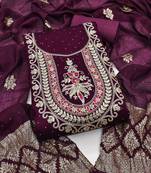 purple embroidered vichitra silk unstitched dress material 