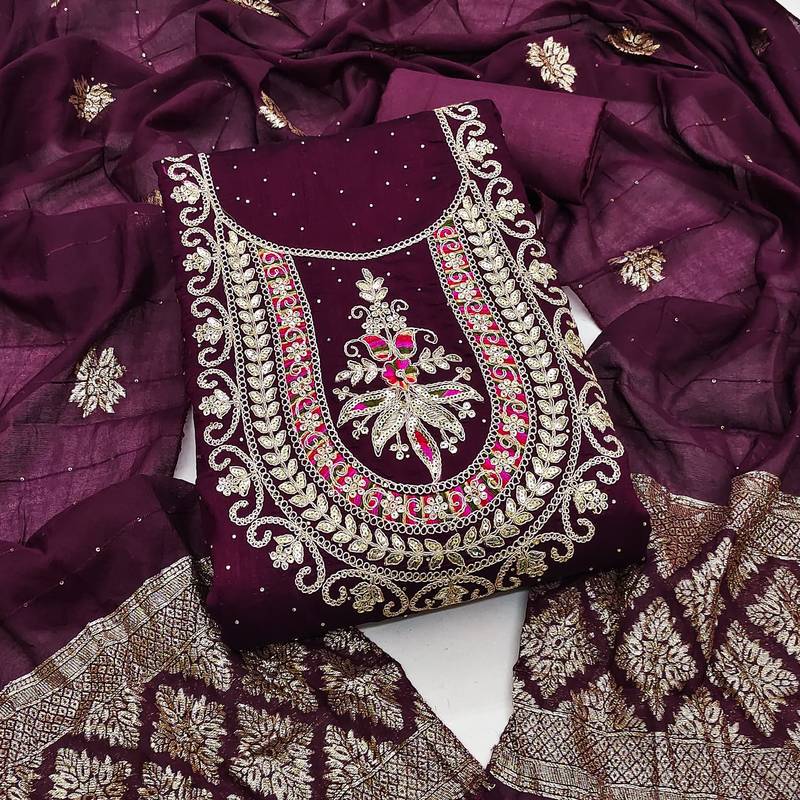 purple embroidered vichitra silk unstitched dress material 
