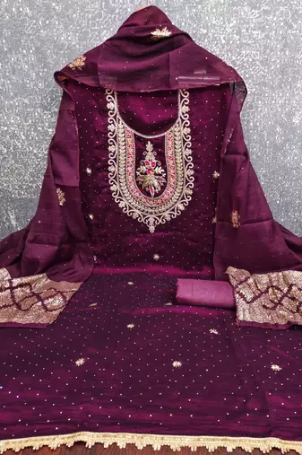 purple embroidered vichitra silk unstitched dress material 