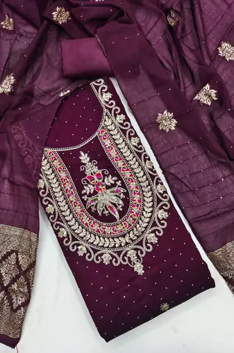 purple embroidered vichitra silk unstitched dress material 