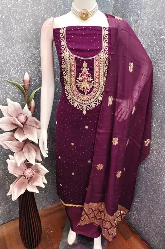 purple embroidered vichitra silk unstitched dress material 