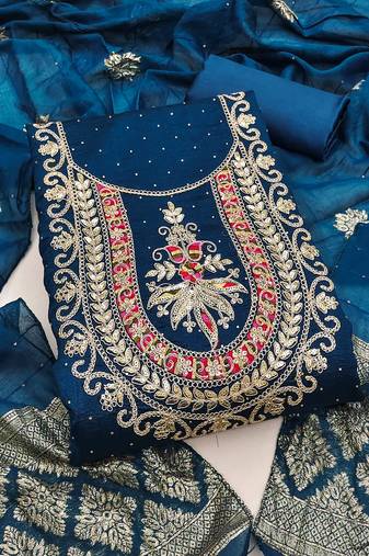 teal blue embroidered vichitra silk unstitched dress material 