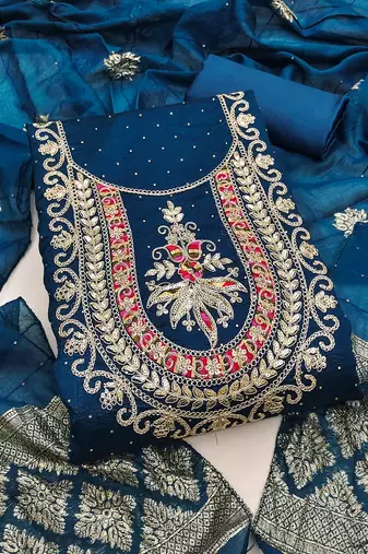 teal blue embroidered vichitra silk unstitched dress material 