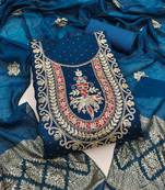 teal blue embroidered vichitra silk unstitched dress material 