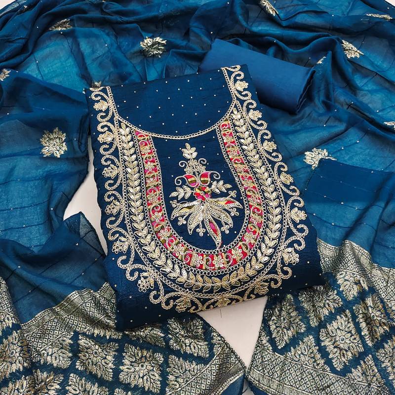 teal blue embroidered vichitra silk unstitched dress material 