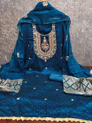 teal blue embroidered vichitra silk unstitched dress material  2