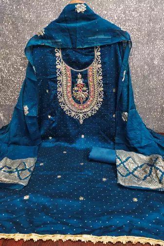 teal blue embroidered vichitra silk unstitched dress material 