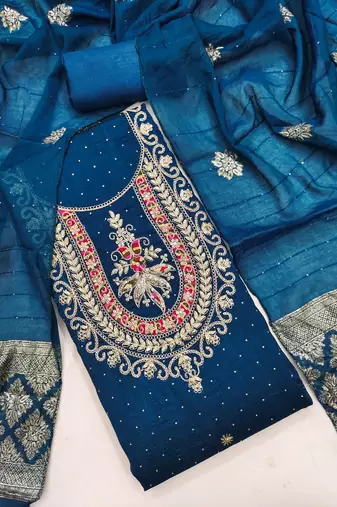 teal blue embroidered vichitra silk unstitched dress material 