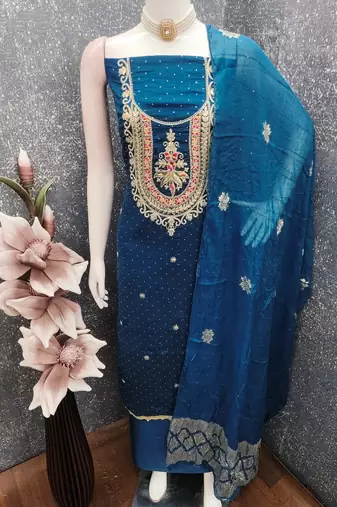 teal blue embroidered vichitra silk unstitched dress material 