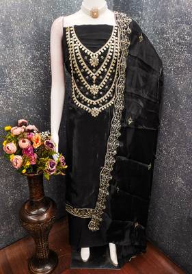 black embroidered jimmi choo silk blend unstitched dress material  4