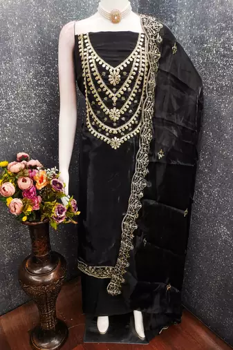 black embroidered jimmi choo silk blend unstitched dress material 