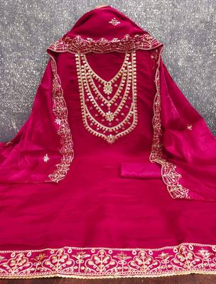 pink embroidered jimmi choo silk blend unstitched dress material  2