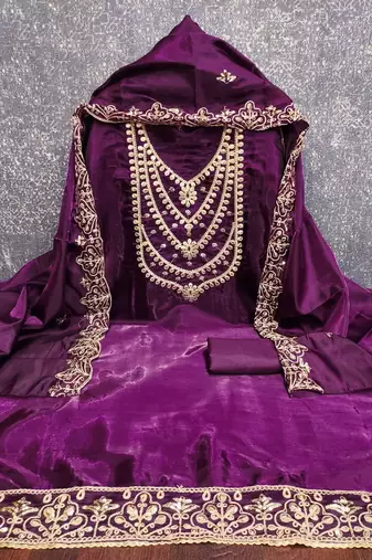 purple embroidered jimmi choo silk blend unstitched dress material 