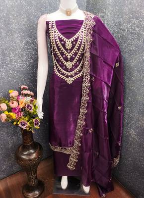 purple embroidered jimmi choo silk blend unstitched dress material  4
