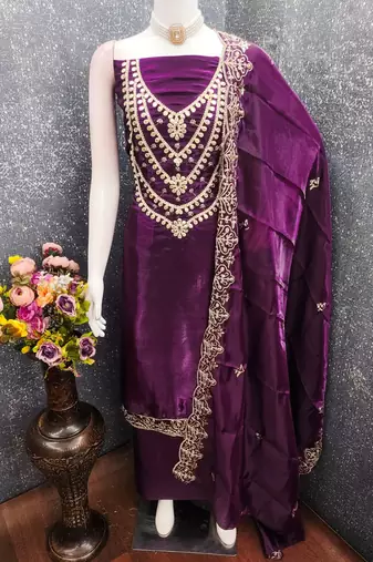 purple embroidered jimmi choo silk blend unstitched dress material 