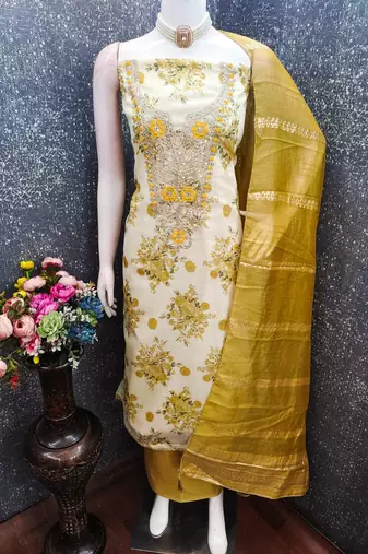 multicolor printed shimmer unstitched dress material 