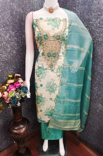 multicolor printed shimmer unstitched dress material 