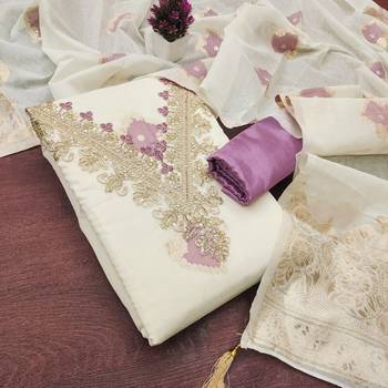 off white weaved mal chanderi unstitched dress material  3