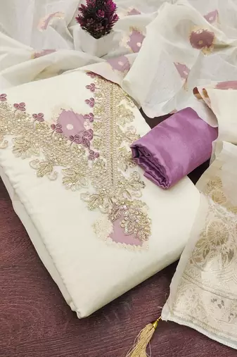 off white weaved mal chanderi unstitched dress material 