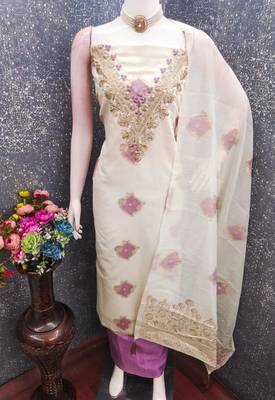 off white weaved mal chanderi unstitched dress material  4