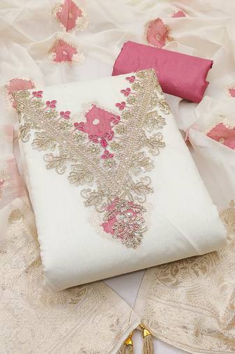 off white weaved mal chanderi unstitched dress material 